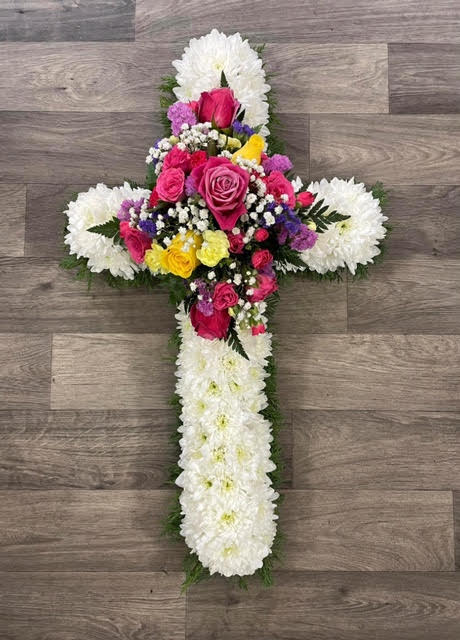 Vibrant Based 3ft Cross Tribute - £105.00 Ribbon or a foliage edge can be chosen