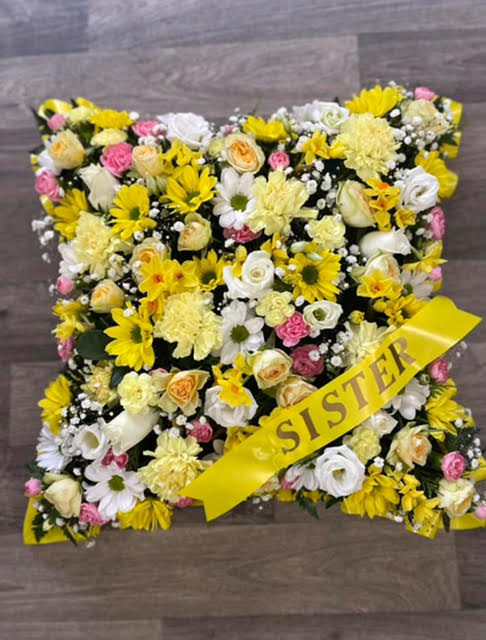 Mixed Cushion Tribute - £135.00 Colour of flowers, ribbon and sprays can be changed to your personal choice