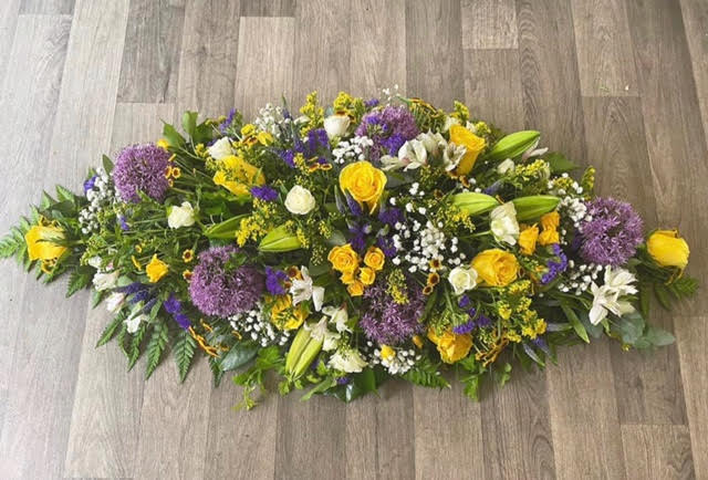 Scented Yellow, Purple & White Double Ended Coffin Spray - £250.00